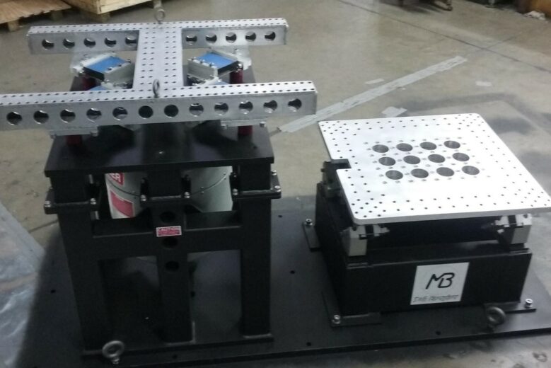 Energizer Silver shaker system set up for both vertial testing and horizontal slip table testing