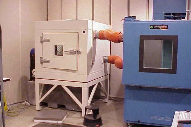 Material compatibility testing fixture as used inside of an environmental chamber