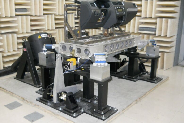 a vertical pitch and roll 4D system testing an automotive seat assembly